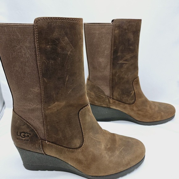UGG Australia Coraline Boot Size 8.5 Wedge Heel Brown Leather Waterproof 1095133 - Picture 2 of 13